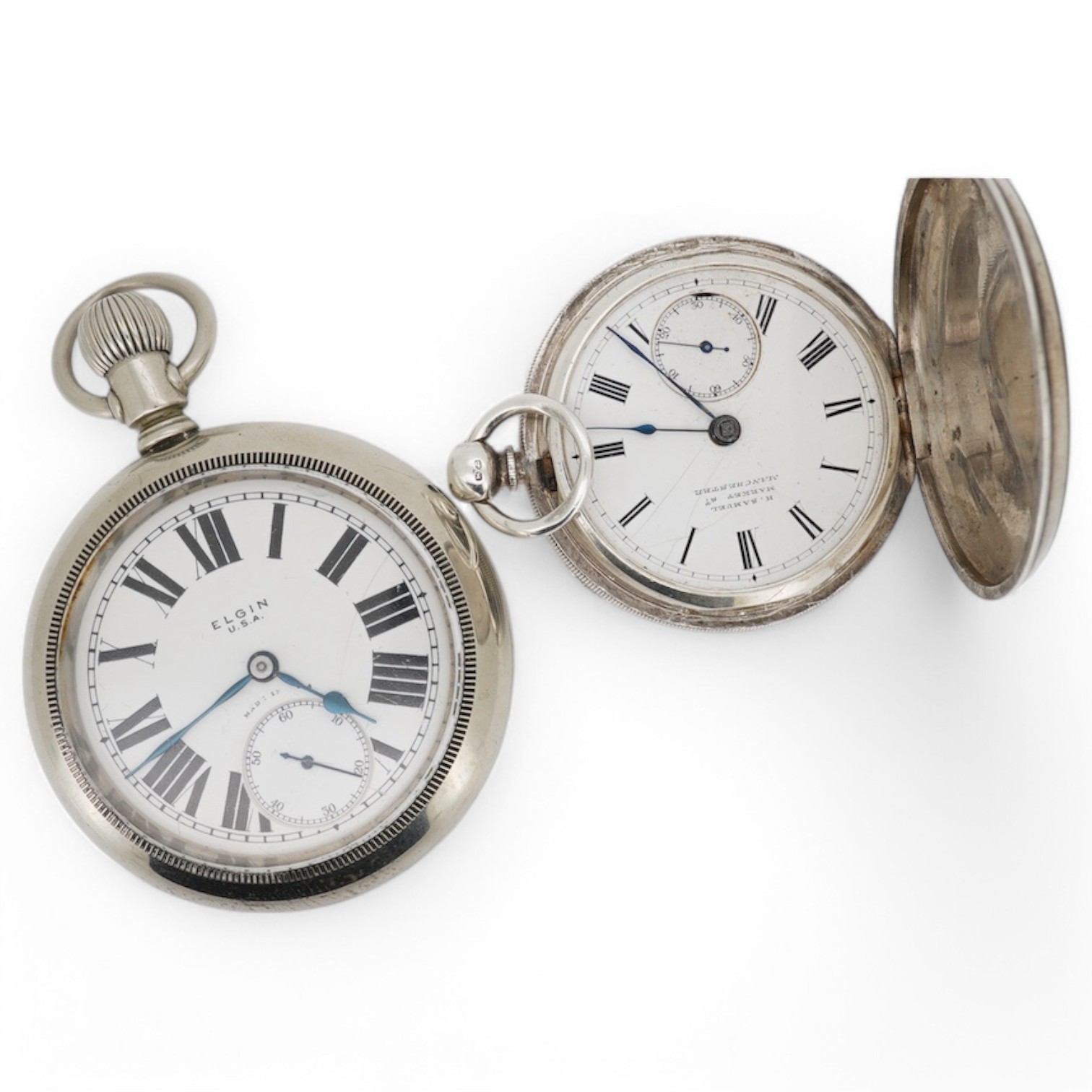 A late Victorian silver hunter key wind pocket watch, with Roman dial and subsidiary seconds, together with an Elgin imitation silver open faced pocket watch. Condition - poor to fair